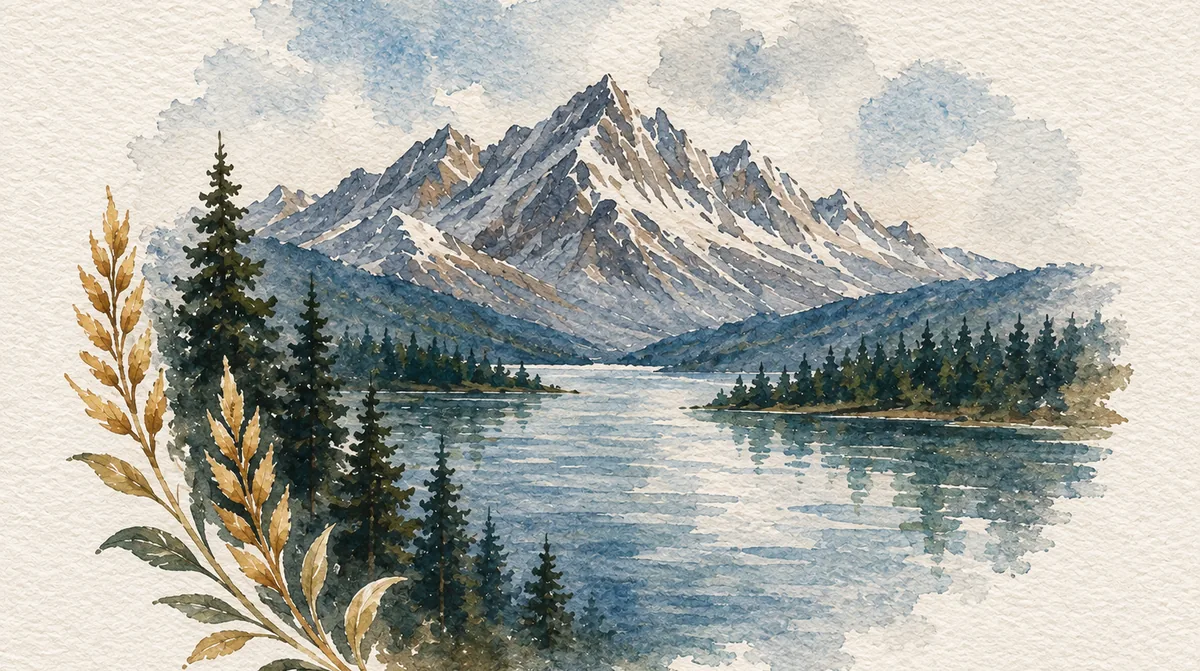 Original watercolor Himalayan lake landscape