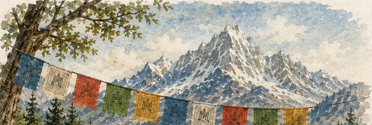 Original watercolor Himalayan mountains and prayer flags