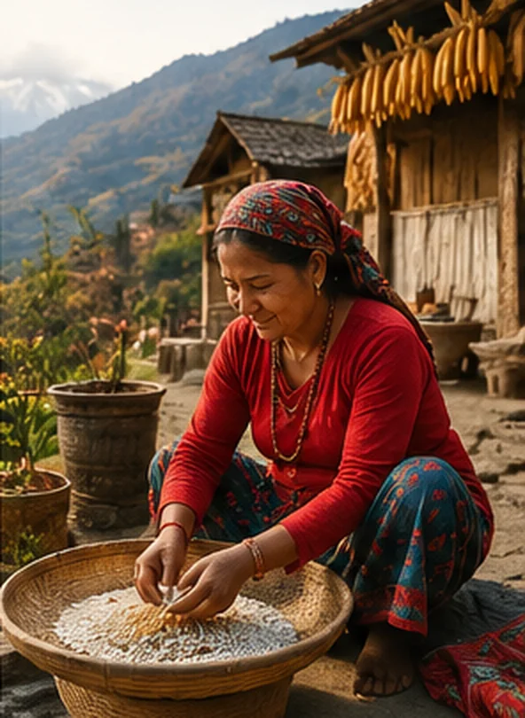 Original illustrative image of a Nepali woman sorting grain
